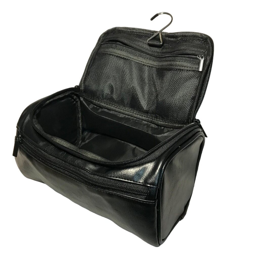 Hanging Black Cosmetic Toiletry Bag Medium Size PU Leather Very Roomy 10 x 6"